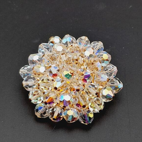 Vintage Crystal Aurora Borealis Clear Beaded 1960s Brooch - Picture 3 of 10